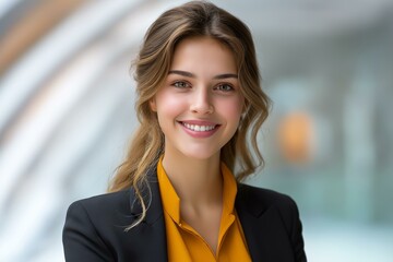 A confident young woman in a professional outfit smiling warmly at the camera in a modern office environment.