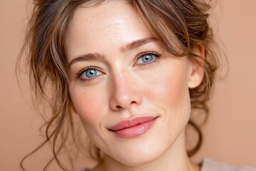A close-up portrait of a young woman with a natural look, showcasing her clear blue eyes and soft smile.