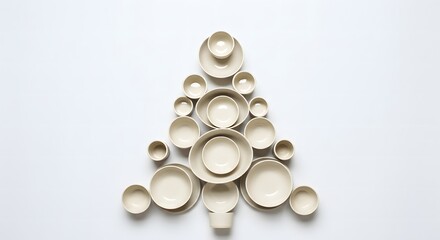 Minimalist Christmas tree made from stacked ceramic bowls, shot on white background, top-down flat lay 2