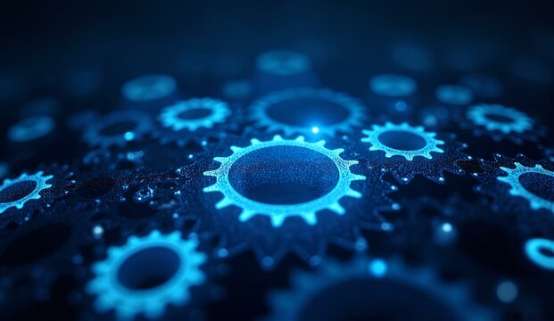 Interconnected Gears in a Futuristic Blue Light Setting
