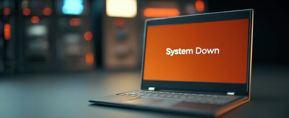 The laptop displaying a system down error in a modern workspace setting.