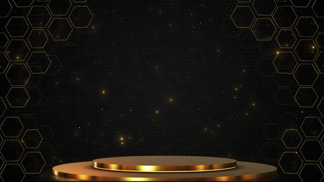 Beautiful luxury golden podium stage. triangle hall glowing stardust particles glittering award ceremony event, Modern background. podium Futuristic showcase platform product displaying. Empty modern.
