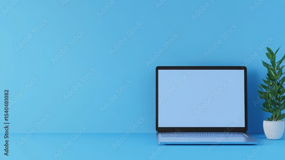 Poster digital workspace: an image features an open laptop set against a refreshing blue backdrop, accompan