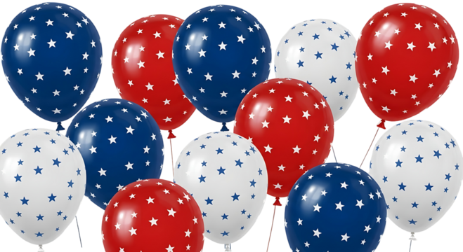 Patriotic red, white, and blue party balloons with a stars pattern for American holiday celebrations. Isolated 3D render for 4th of July, Memorial Day, or election events on a black background.