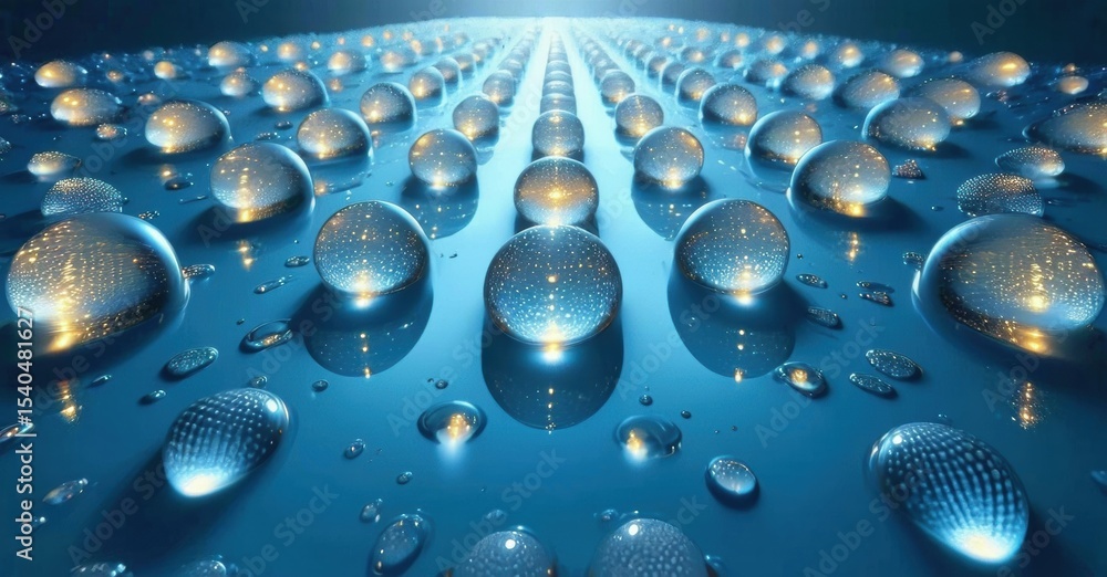 Poster Futuristic scene. Rows water droplets glow, reflecting light. Dark background emphasizes depth, creating abstract visual effect.