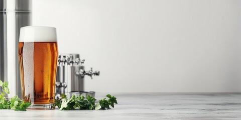 Golden Brew and Bubbles: A refreshing pint of craft beer sits elegantly alongside taps, hinting at a moment of simple, satisfying pleasure.