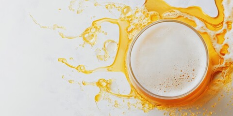 Golden Brew Overhead: An overhead shot of a beer glass revealing a perfect pour with a frothy head. The light and color of the beer, with spilled splashes, enhance the refreshing allure of the brew.