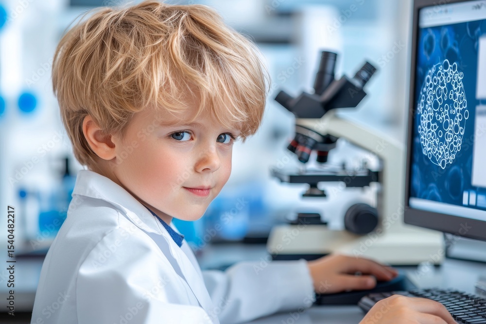 Poster young scientist working at microscope in modern laboratory environment with computer and research vi