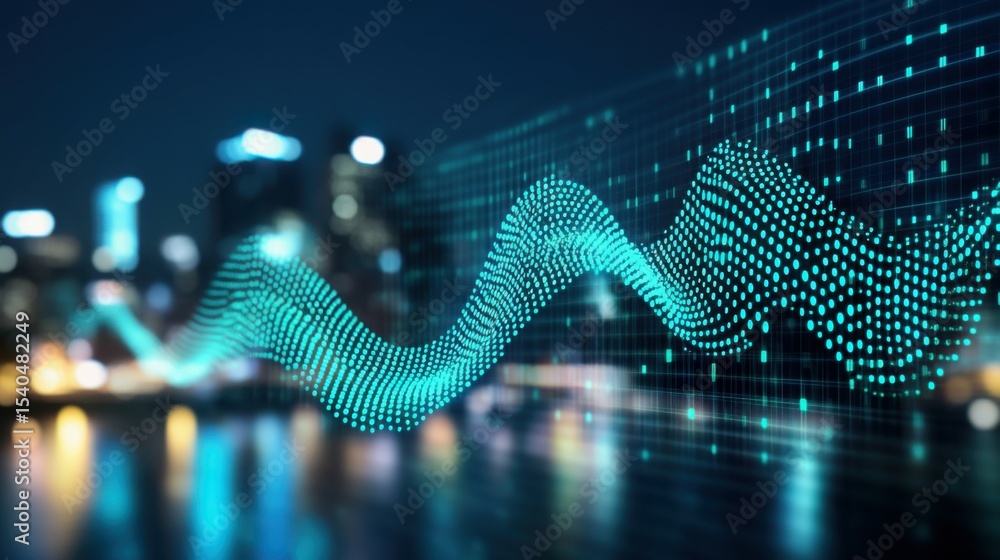 Poster digital wave in cityscape: a mesmerizing digital wave of data flows gracefully through a blurred cit