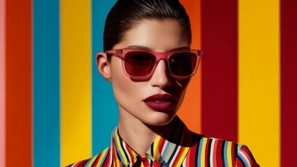 Striking portrait of a stylish woman wearing pink sunglasses against colorful background - Powered by Adobe