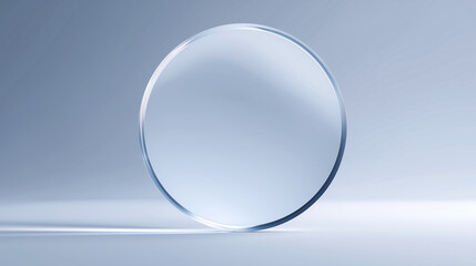 Minimalist close-up of a transparent glass lens with a smooth, circular design, isolated on a light background. Ideal for technology, optical products, or scientific branding use.