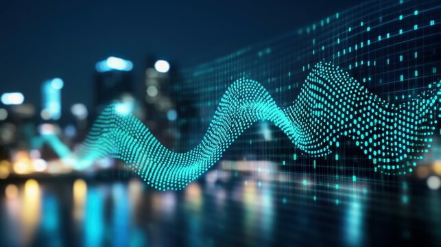 Digital Wave in Cityscape: A mesmerizing digital wave of data flows gracefully through a blurred cityscape at night, symbolizing the dynamism and interconnectedness of modern technology.