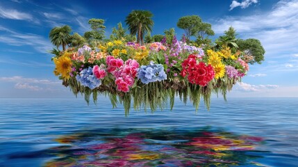 Fantasy Island with Flowers and Trees Floating over Water. Dream Landscape, Summer Vacation.