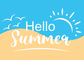 Beautiful hello summer banner. Colorful sand and sea hand drawn illustration.