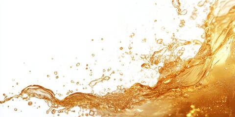 Golden Splash of Liquid: A dynamic splash of golden liquid with bubbles and waves swirling gracefully. A refreshing movement frozen in time, showcasing a texture and color.
