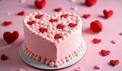 Heart-shaped cake with pink frosting and red heart decorations on a pink background