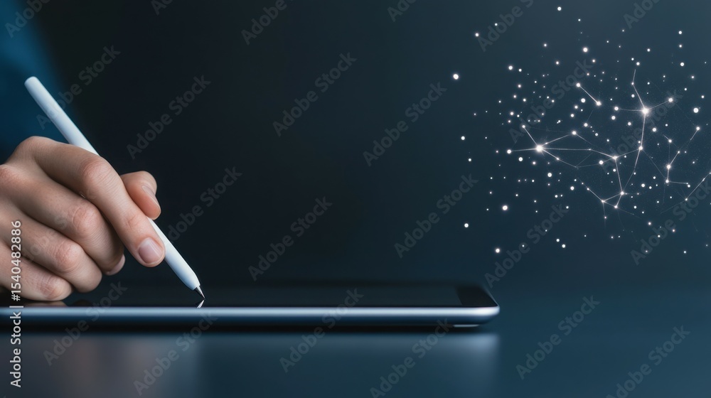 Poster digital interaction with stylus: a close-up of a person's hand using a digital stylus pen to interac