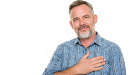 Smiling grateful middle aged man in casual clothes is keeping his hand on chest expressing his sincere gratitude, on a transparent background