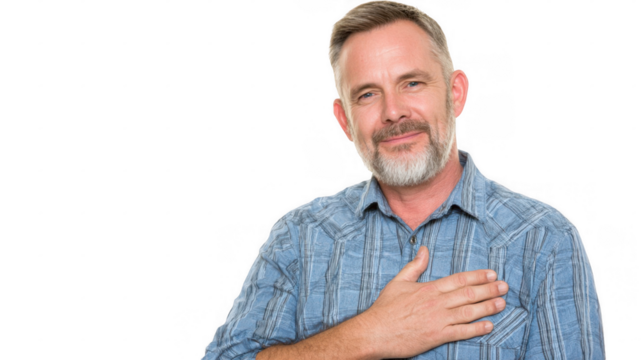 Smiling grateful middle aged man in casual clothes is keeping his hand on chest expressing his sincere gratitude, on a transparent background