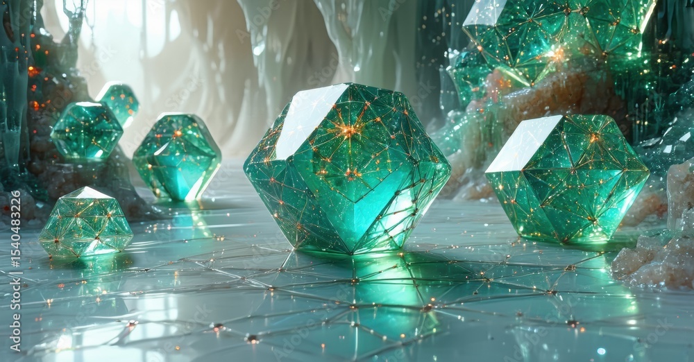 Poster futuristic scene. glowing geometric shapes illuminate cavernous space. light reflects off surfaces c