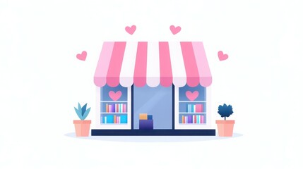 Fototapeta premium Small Business With Love: a small, beautifully crafted shopfront, radiating warmth and affection with its delicate pink and white hues and heart accents, creating a sense of charm and allure.