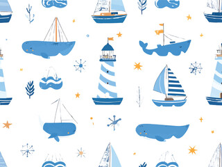 Nautical pattern featuring boats whales and lighthouses in a seamless design on transparent background