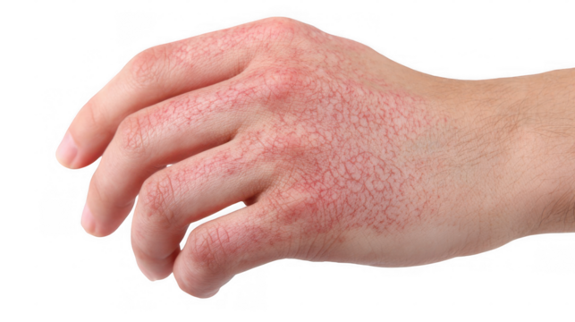Close up of a hand exhibiting psoriasis symptoms, characterized by redness, dryness, and cracked skin, isolated on a transparent background, emphasizing the dermatological condition
