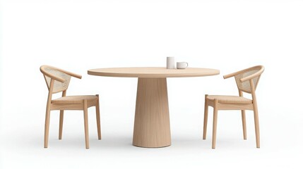 Elegant Dining Room Setting: A sleek, minimalist dining room arrangement featuring a round, wooden table and two matching chairs. The subtle lighting enhances the textures and the serene atmosphere.