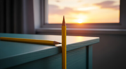 Yellow Pencil on Teal Desk Against a Sunset Window