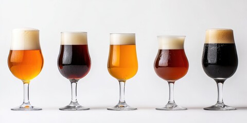 A Symphony of Brews: A captivating lineup of beer glasses, each holding a unique shade and froth, arranged in a visually stunning display, celebrating the artistry and diversity of craft brewing.