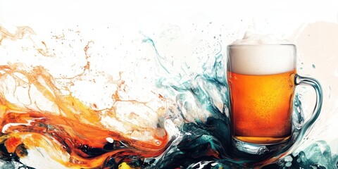 Mug of Golden Ale with Swirls: A refreshing pint of golden ale, brimming with frothy foam, is artfully presented against a backdrop of vibrant, swirling colors.
