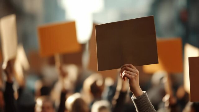 Crowd of people holding blank signs during a peaceful protest march outdoors