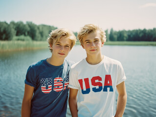 Vintage Portrait of Two blonde American Teen Boys by a Lake – 4th of July Theme in Pastel Film Tones