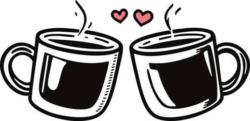 Two cups of coffee toasting with steaming aroma and pink hearts for romance.