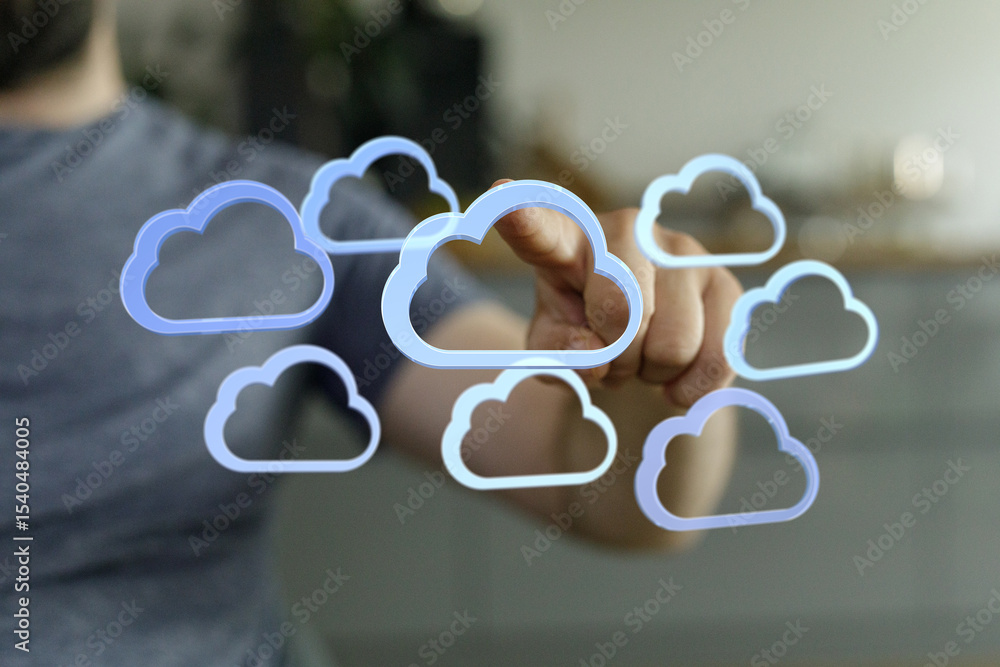 Aufkleber person using touch screen to interact with cloud storage icons. modern technology concept.