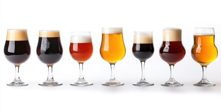 A Symphony of Brews: A captivating line-up of diverse beer glasses, each brimming with unique brews. From deep amber to golden hues, and rich foams.