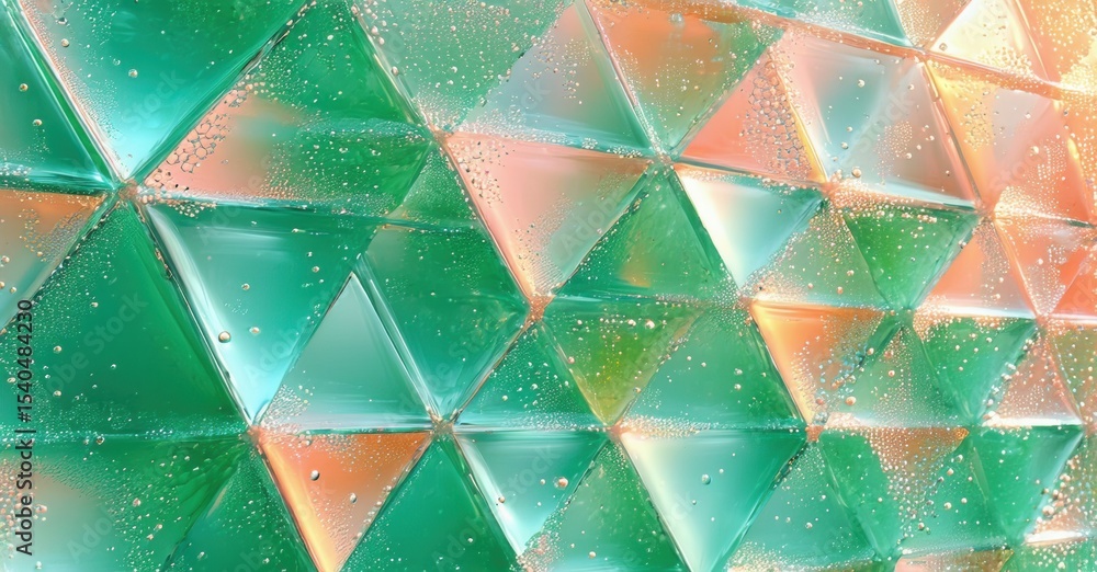 Poster Geometric pattern, textured surface. Green, peach hues create abstract mosaic. Water droplets add visual interest, depth.