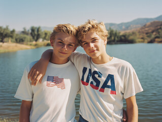 Vintage Portrait of Two blonde American Teen Boys by a Lake – 4th of July Theme in Pastel Film Tones