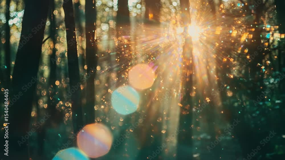 Poster A serene scene with sunlight piercing through the treetops, creating dappled shadows on the forest floor