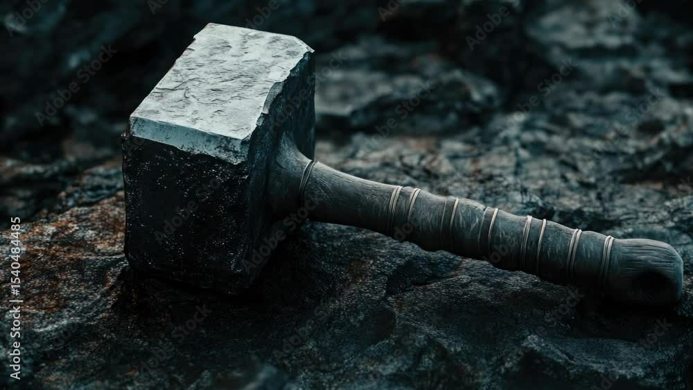 Poster A tool for construction and repair work sitting on a pile of rocks, suitable for use in a outdoor setting or as a prop in a still life photo