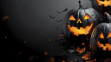 Spooky Halloween pumpkins with glowing faces and bats flying around create festive atmosphere
