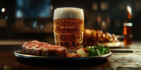 Culinary Delight: A mouthwatering steak and a frothy glass of beer, perfectly complemented by side dishes, creating a moment of pure dining pleasure.