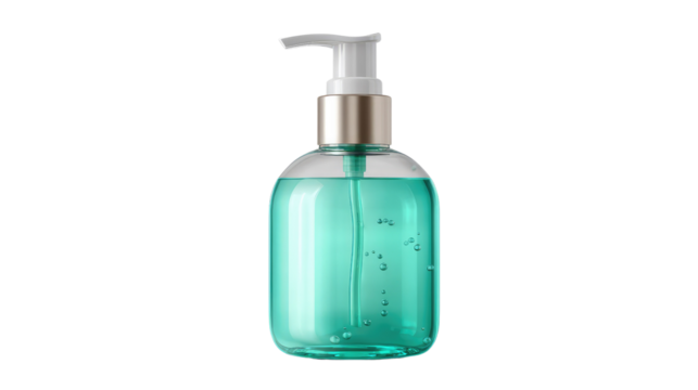 Hand Sanitizer: A sleek, transparent bottle of hand sanitizer stands, filled with a vibrant blue gel, ready for use. The image exudes cleanliness and hygiene.