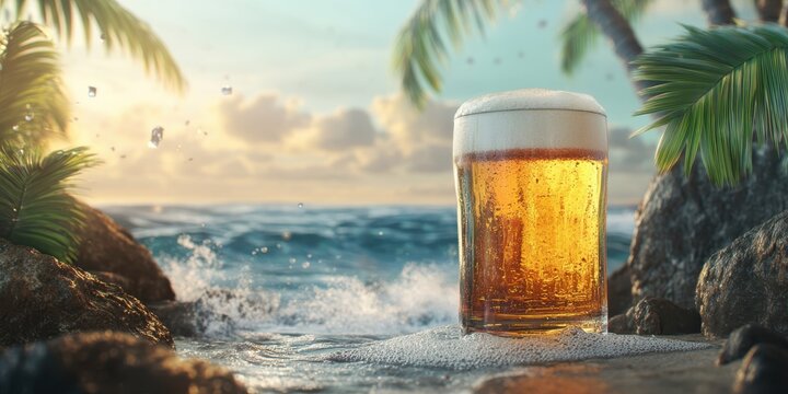Golden Brew by the Shore: a radiant beer glass, resting on a beach scene in a perfect moment of relaxation, the sea view gives a sense of calmness.