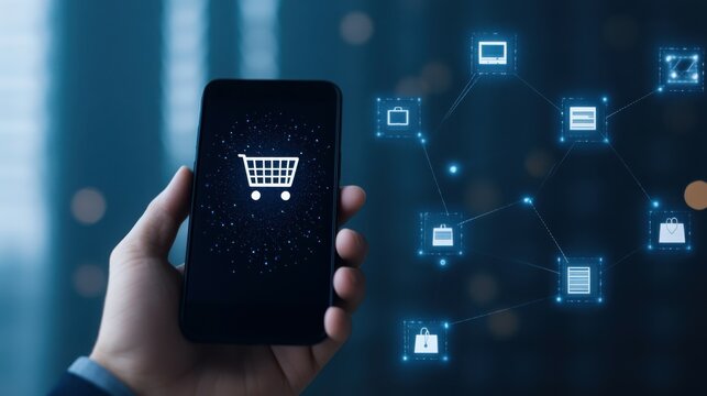 Mobile Shopping Experience: A person's hand holds a smartphone displaying a shopping cart icon, symbolizing the seamless nature of modern mobile commerce, connected to various digital devices. 