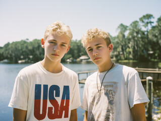 Vintage Portrait of Two blonde American Teen Boys by a Lake – 4th of July Theme in Pastel Film Tones