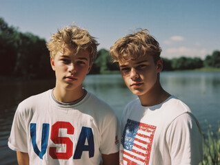Vintage Portrait of Two blonde American Teen Boys by a Lake – 4th of July Theme in Pastel Film Tones