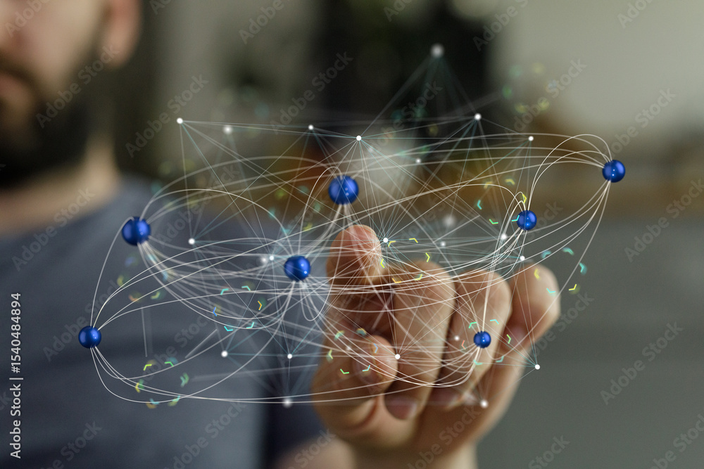 Poster Person interacts with a digital network, showcasing global connectivity and data exchange.