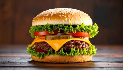 Juicy Cheeseburger on Wooden Table.