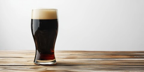 Malty Stout in Glass: A full glass of dark, rich stout beer, topped with a creamy head, rests on a rustic wooden surface, ready to enjoy a moment of simple pleasure.